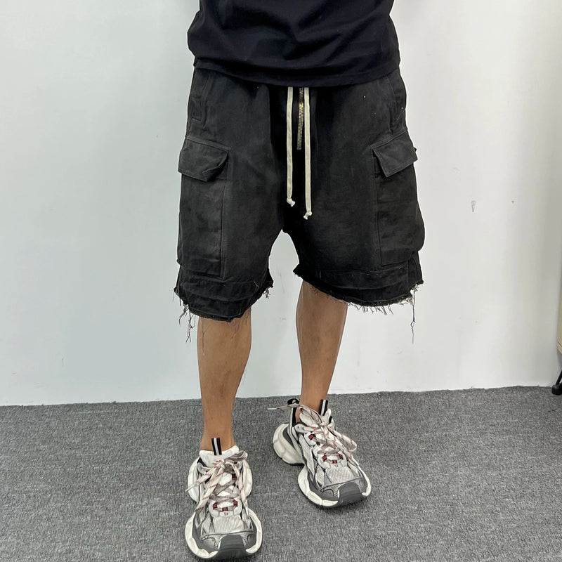 ro style ribbons streetwear multi pockets cargo short for men elastic waist wide leg baggy jeans knee length pants loose overall baggy cargo bottoms
