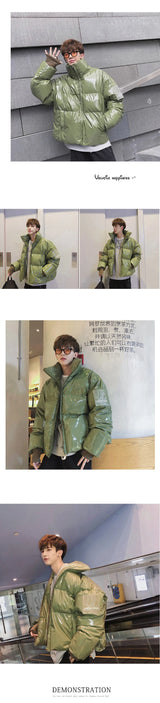 Winter Jacket Men Parkas Thicken Warm Coat Stand Collar Oversize Parkas Bright Leather Fabric Jacket Korean Style Padded Coat