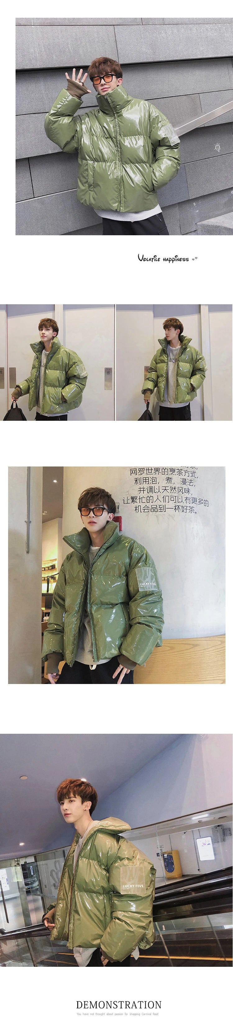 Winter Jacket Men Parkas Thicken Warm Coat Stand Collar Oversize Parkas Bright Leather Fabric Jacket Korean Style Padded Coat