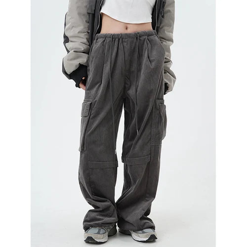 women high street corduroy pants casual elastic waist side pocket loose straight pant unisex hip hop y2k loose streetwear jogger unique joggers style 2355