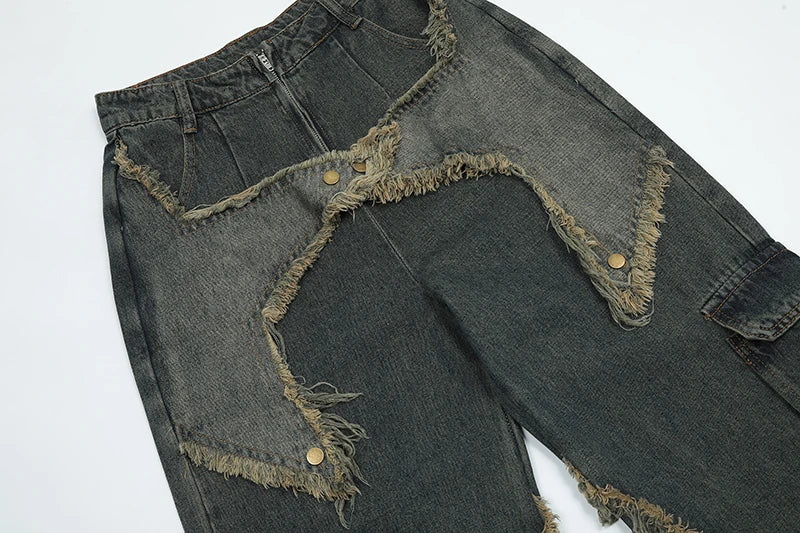 fashion patchwork frayed star denim straight jean pant men casual side pocket y2k trouser unisex hip hop streetwear jeans pants unique jeans style 400