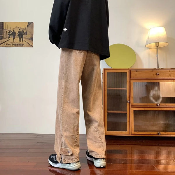 2023 korean fashion ankle zipper vintage brown men jeans pants luxury straight hip hop casual denim trousers pantalones hombre denim street jeans