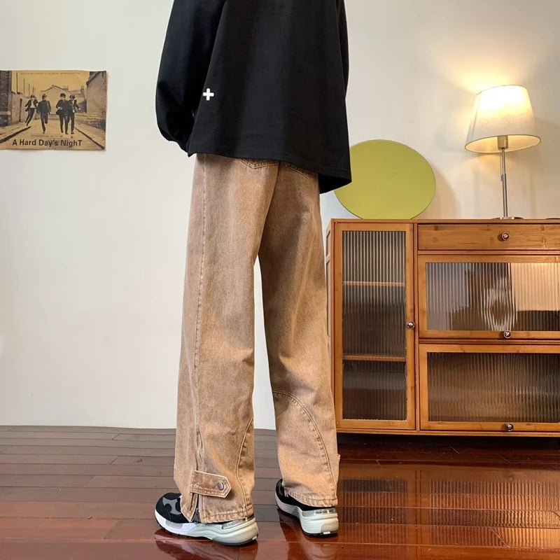 2023 korean fashion ankle zipper vintage brown men jeans pants luxury straight hip hop casual denim trousers pantalones hombre denim street jeans