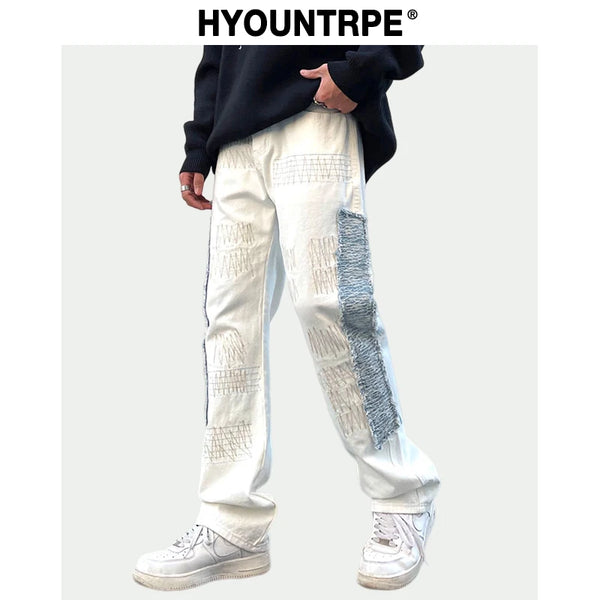 irregular sewing scratched patchwork denim jeans men casual straight biker zipper trousers streetwear hip hop jean pants joggers urban active pants