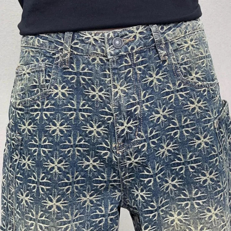 men jacquard loose casual hip hop vibe splice pocket denim baggy jeans pants man streetwear ripped jeans trousers boyfriend unique jeans style 3132