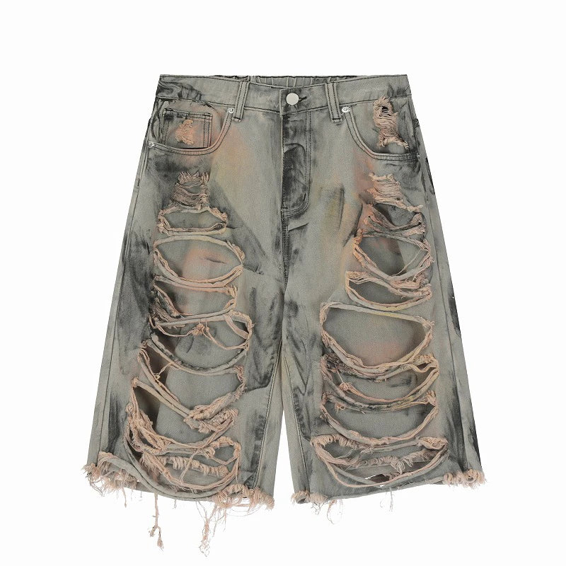 destroy ripped big holes spliced denim jeans shorts hip hop loose short pant harajuku half baggy jeans mens summer casual shorts vintage washed jeans