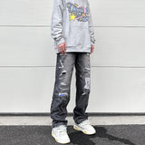 high street black washed straight jeans lowrise hip hop ripped jeans pants for men baggy vintage fashion wide denim pants women unique jeans style 5360