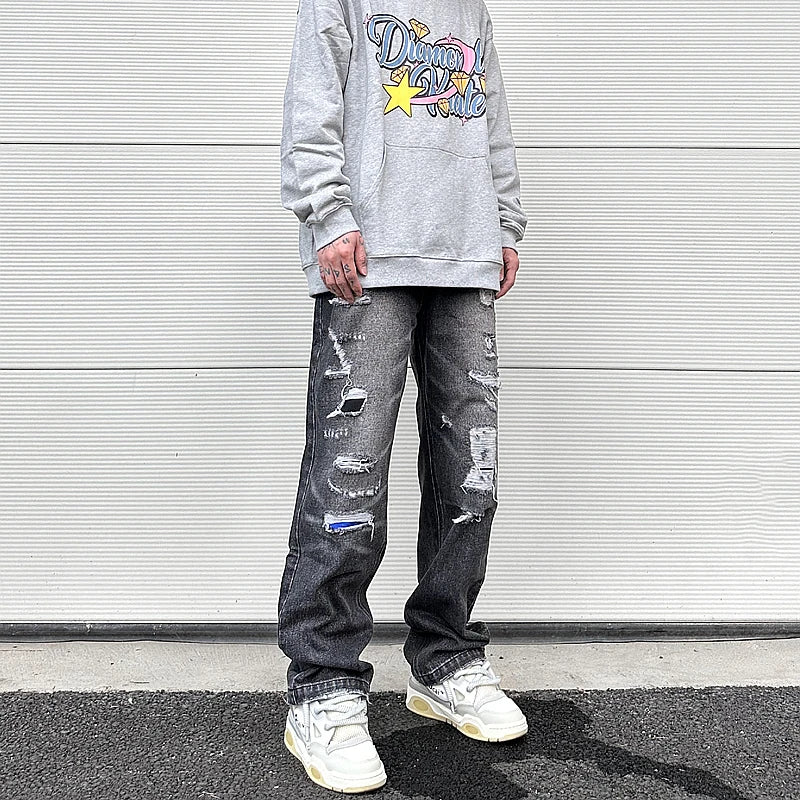 high street black washed straight jeans lowrise hip hop ripped jeans pants for men baggy vintage fashion wide denim pants women unique jeans style 5360