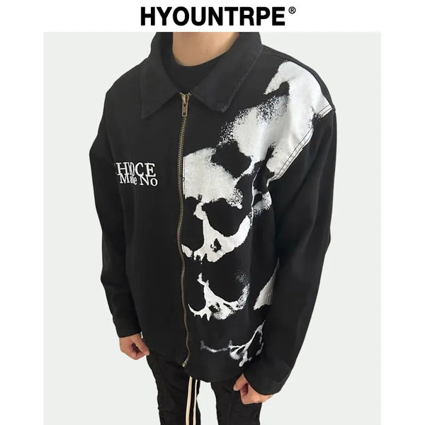 Skulls Printed Harajuku Denim Jacket and Coat Mens Fashion Hip Hop Full Zipper Outerwear Casual Loose Streetwear Jeans Jacket - variant style 8a6c21 for streetwear fashion