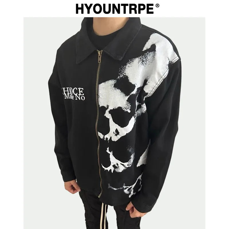 Skulls Printed Harajuku Denim Jacket and Coat Mens Fashion Hip Hop Full Zipper Outerwear Casual Loose Streetwear Jeans Jacket - variant style 8a6c21 for streetwear fashion