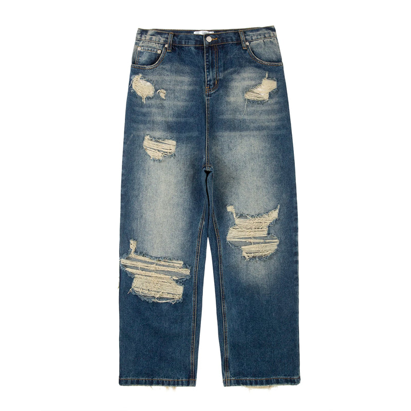retro black blue straight oversized washed torn jeans solid color ripped jeans baggy hip hop destroyed men wide leg jeans pant urban skinny jeans