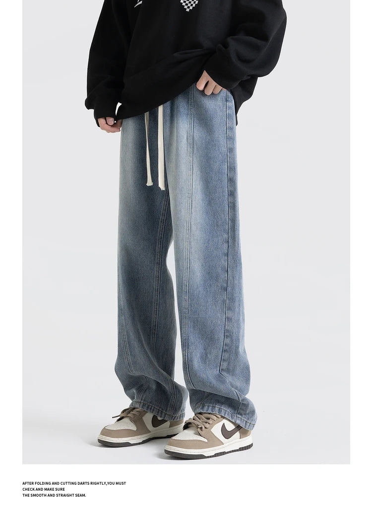 fashion loose streetwear denim pants unisex casual drewstring elastic waist jean pants hip hop trousers joggers mens baggy jeans unique joggers style 3257