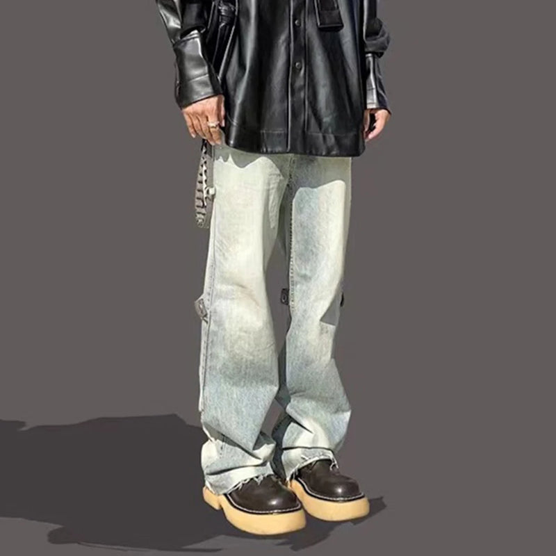 detachable leather chain washed baggy jeans for men and women straight streetwear casual denim trousers oversized cargo pants unique cargo style 282