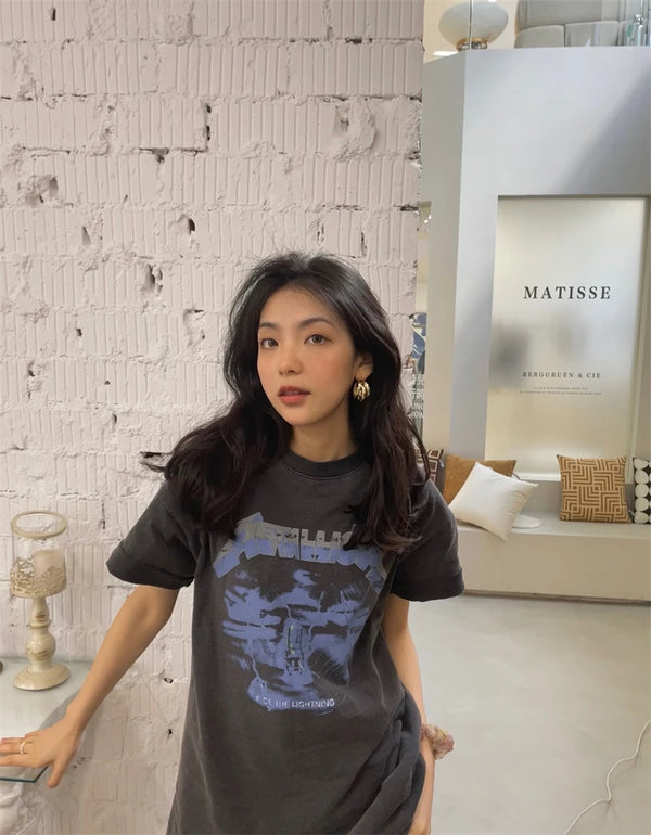 Y2k Aesthetic print tee – Summer Vintage High Street Wash Lightning Print T Shirt Vint