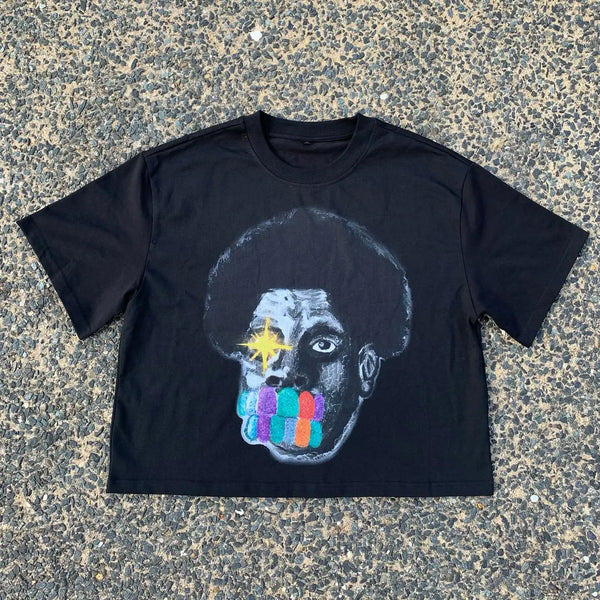 sadcore glitchcore manga tee with pastel sketch chaos