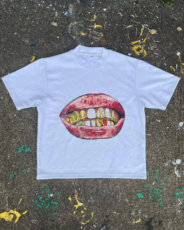 Softcore Y2K tee with pixel blush graphics and glitchy smiles