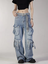 fashion loose streetwear cargo denim jeans unisex casual multi pocket straight jean pants with belt hip hop joggers baggy jeans unique joggers style 3707