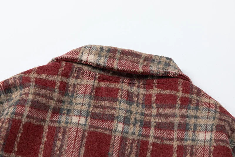 Autumn and Winter New Lattice Embroidery Woolen Jacket Shirt Japanese Retro Plaid Casual Loose Long Sleeved Jackets Coats