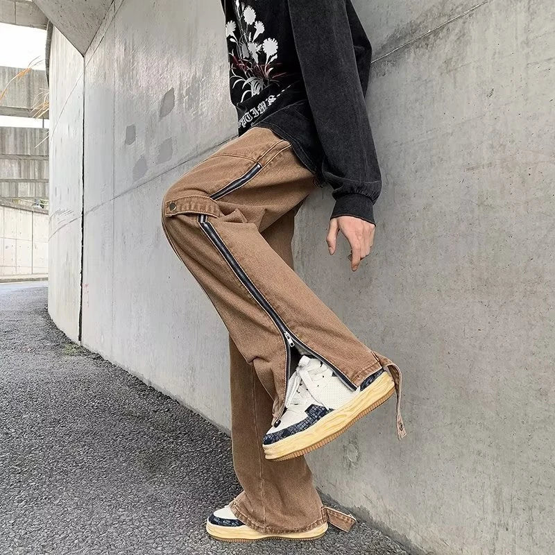 2023 cool design side zipper baggy men cargo jeans pants vintage brown straight cotton hip hop long trousers pantalones hombre unique cargo style 5827
