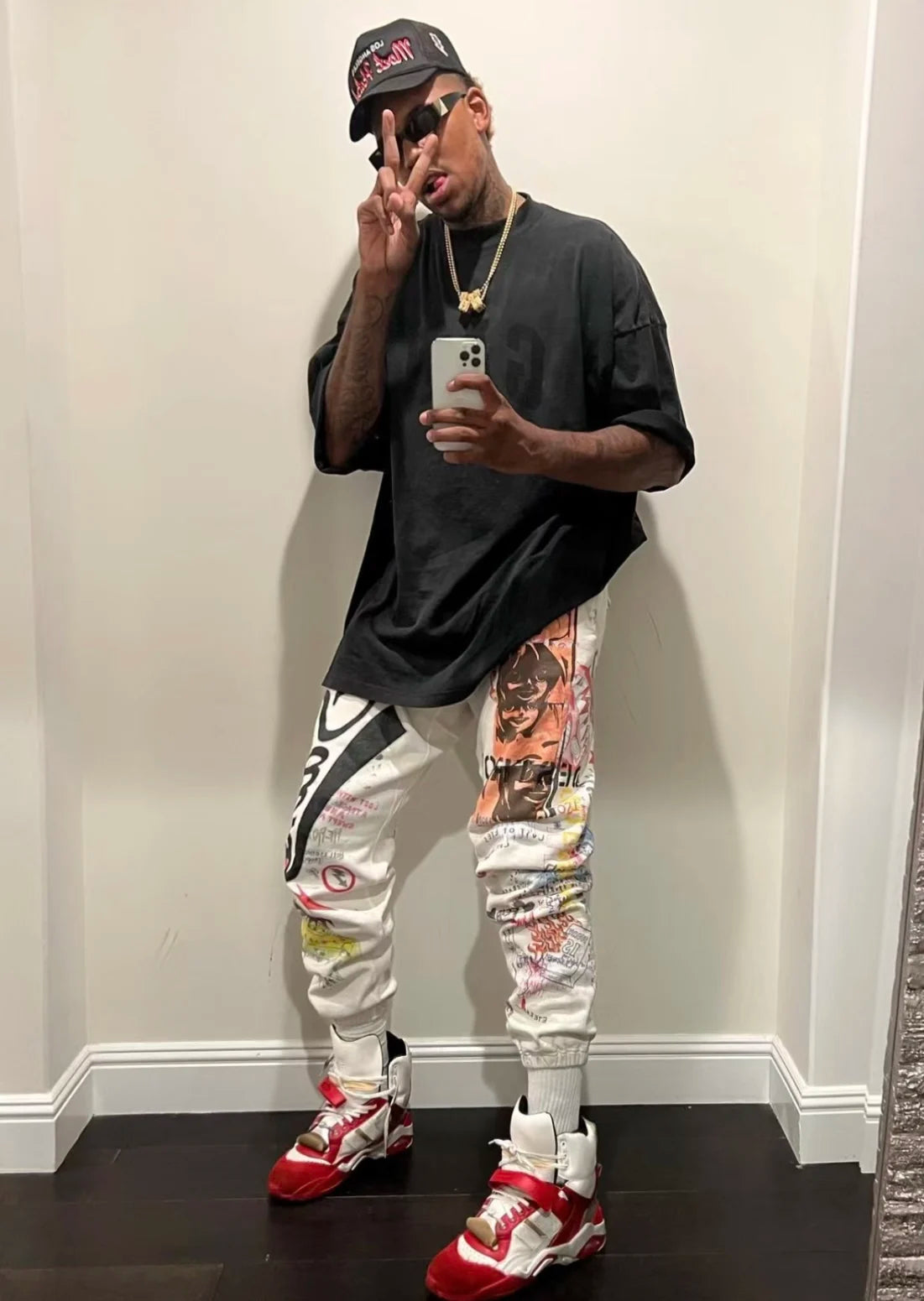 24ss vintage retro graffiti washed worn cotton high street long pants leggings urban fashion pants