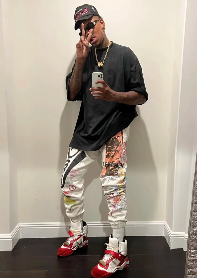 24ss vintage retro graffiti washed worn cotton high street long pants leggings urban fashion pants