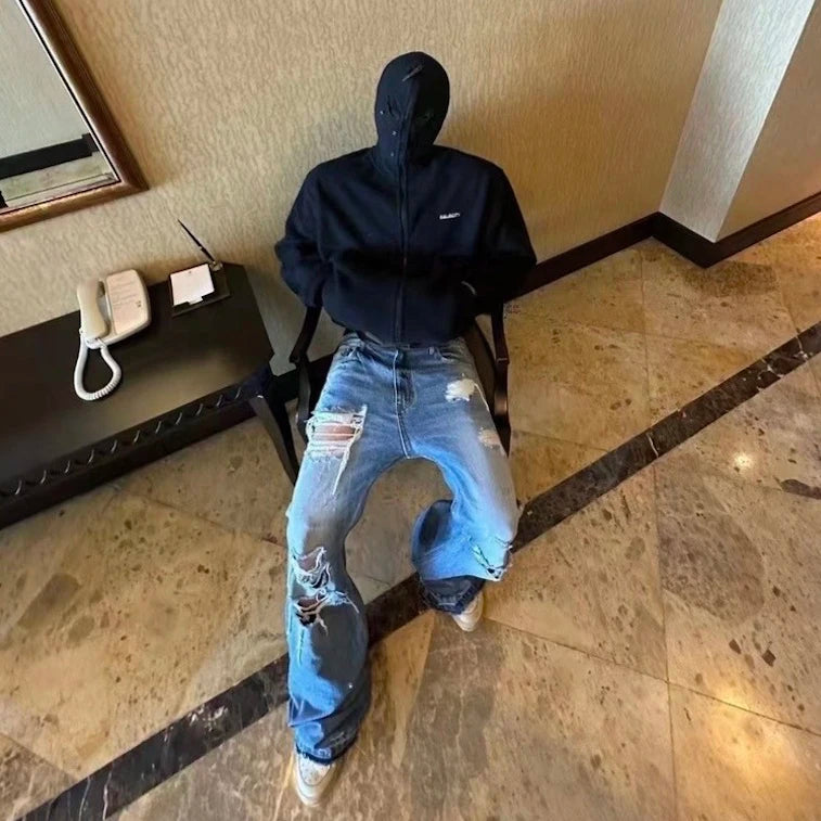 vintage ripped flared jeans blue straight baggy jeans trousers streetwear luxury loose casual distressed denim pants male stacked flare jeans