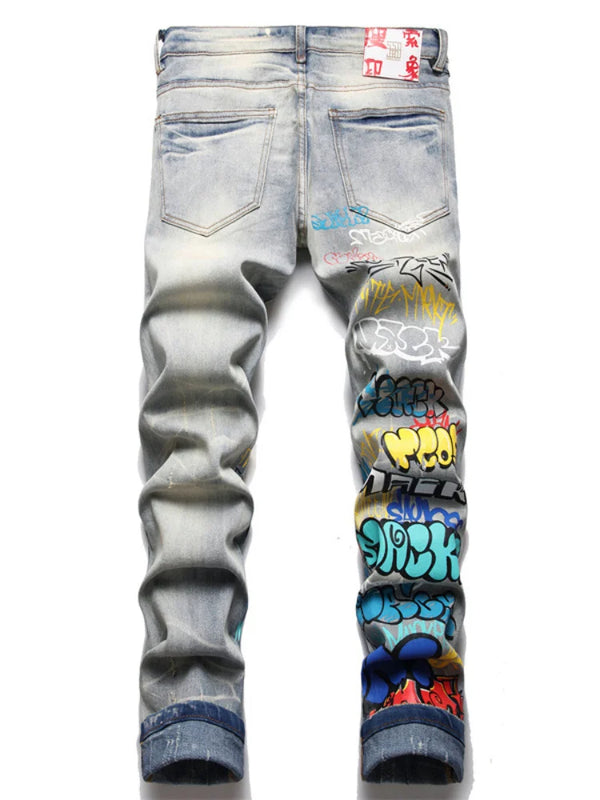 letter graffiti printed denim jeans pants mens punk bottons biker jeans streetwear slim fit hip hop new casual y2k pants joggers relaxed fit joggers