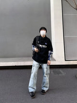 street japanese mens set embroidered fake two piece patchwork tops hip hop washed jeans 2 piece harajuku suits y2k streetwear unique jeans style 4757