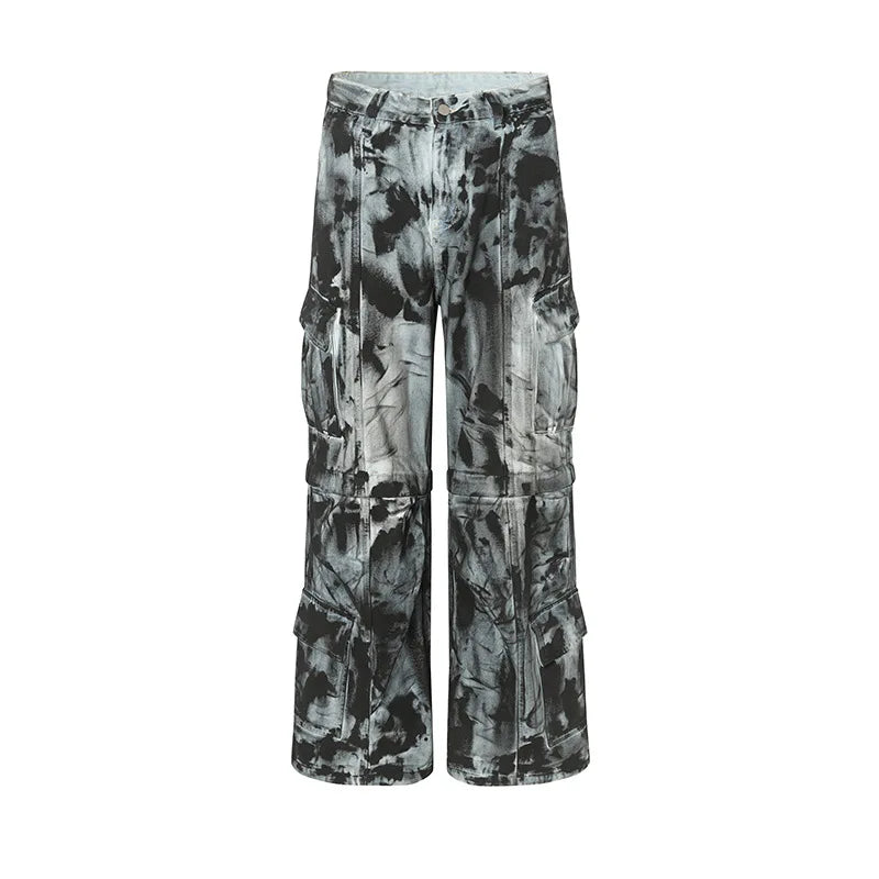 vintage dirty tie dye baggy jeans men multi pocket loose white straight jeans trousers luxury designer oversized denim pant unique jeans style 2932