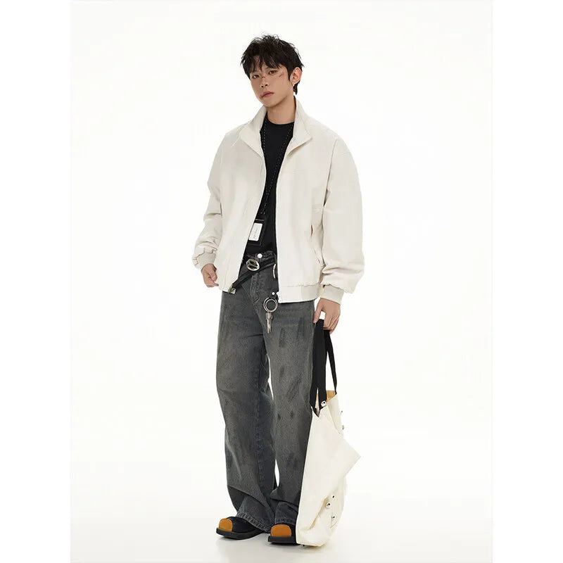 leather varsity jacket, layered style, men's streetwear fashion, trendy oversized fit, urban techwear design, modern hip hop 