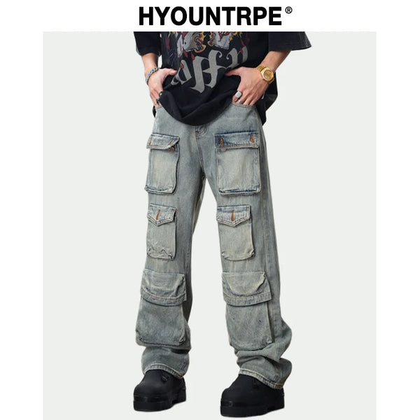 hip hop cargo denim pants streetwear plain denim pants mens harajuku cotton casual joggers jeans loose straight pants trousers urban active pants