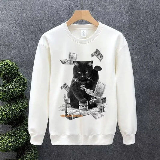 Cartoon Money Cat Graphic Printed Crewneck Sweatshirts Hombre Hip Hop
