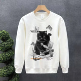Cartoon Money Cat Graphic Printed Crewneck Sweatshirts Hombre Hip Hop