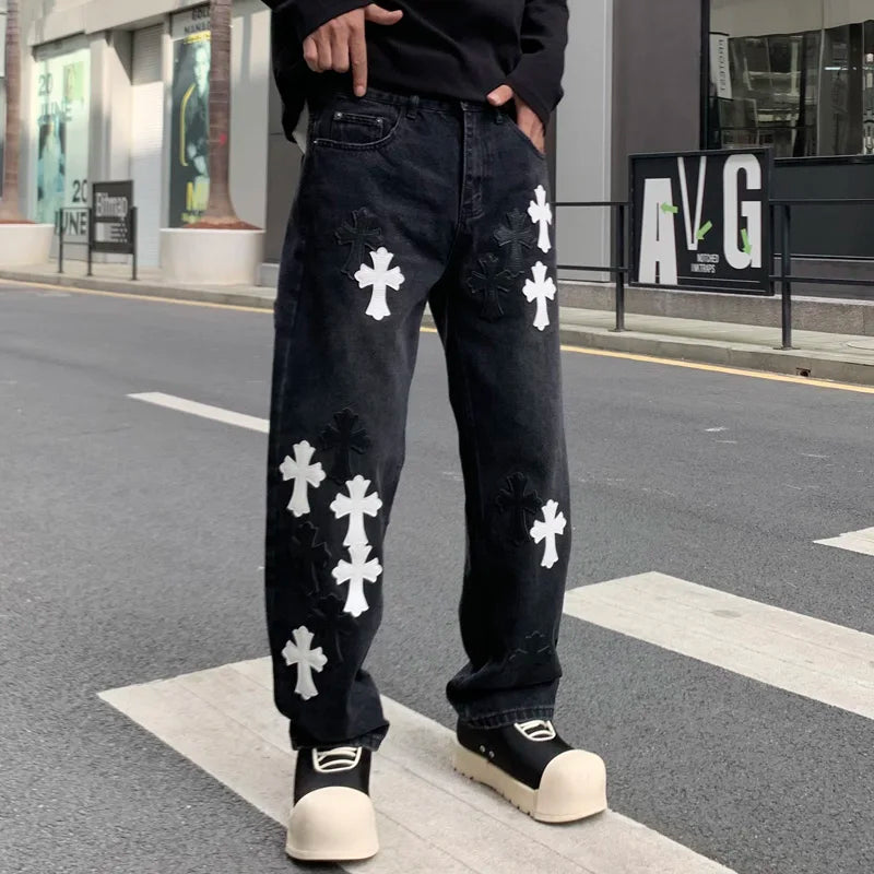 men embroidery streetwear brand fashion hip hop loose casual straight motorcycle denim jeans pant cityboy y2k jeans trousers unique jeans style 2498
