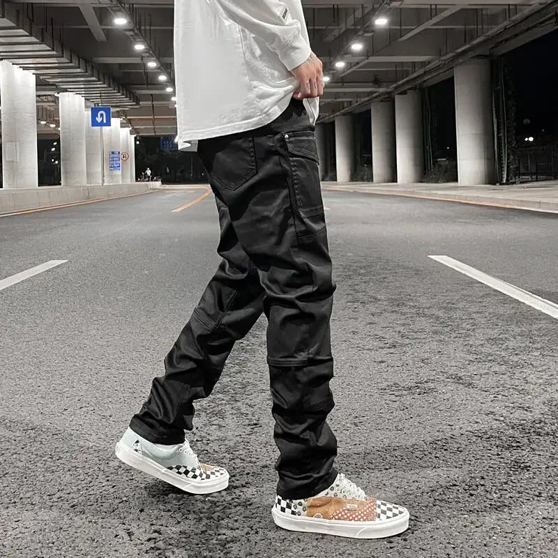 streetwear kanye slim fit feet coated black jeans pants for men pocket brushed wax tapered pants man casual cargo jeans y2k utility cargo pants