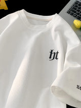 Glitchcore Aesthetic drop – 2024 Summer Letter Embroidered Waffle T Shirt Mens Y2K Vinta