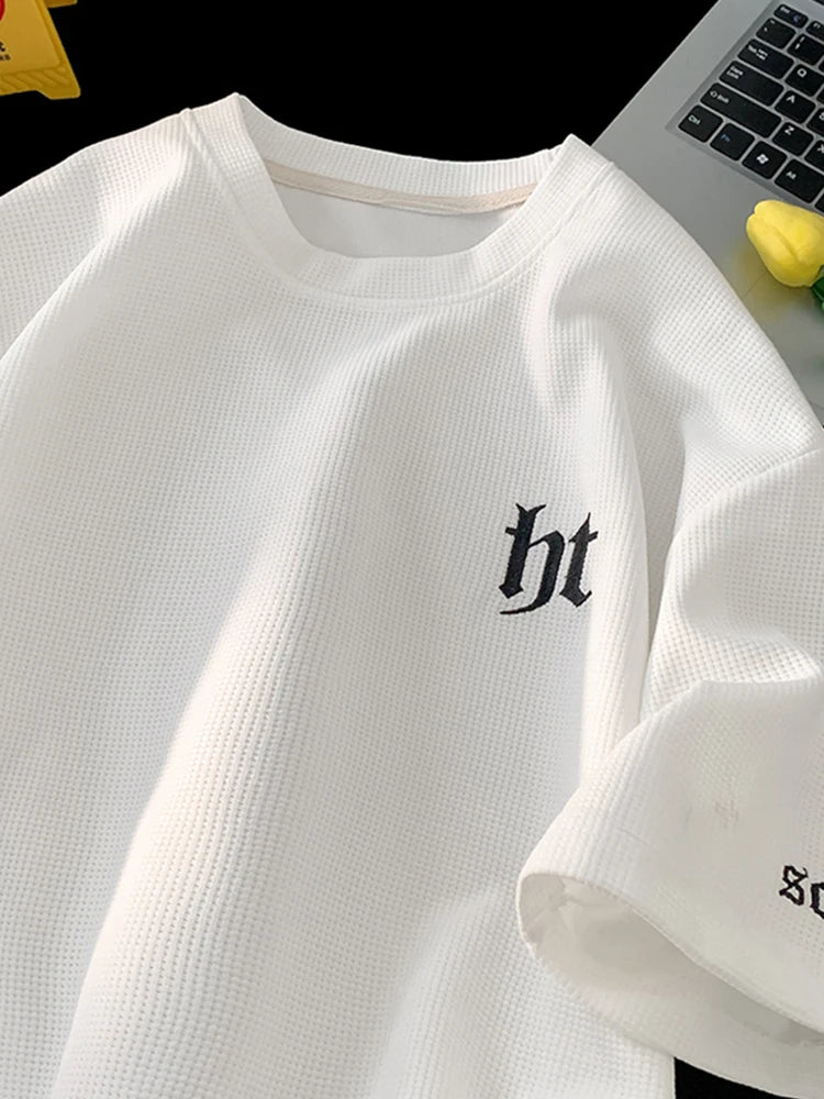 Glitchcore Aesthetic drop – 2024 Summer Letter Embroidered Waffle T Shirt Mens Y2K Vinta