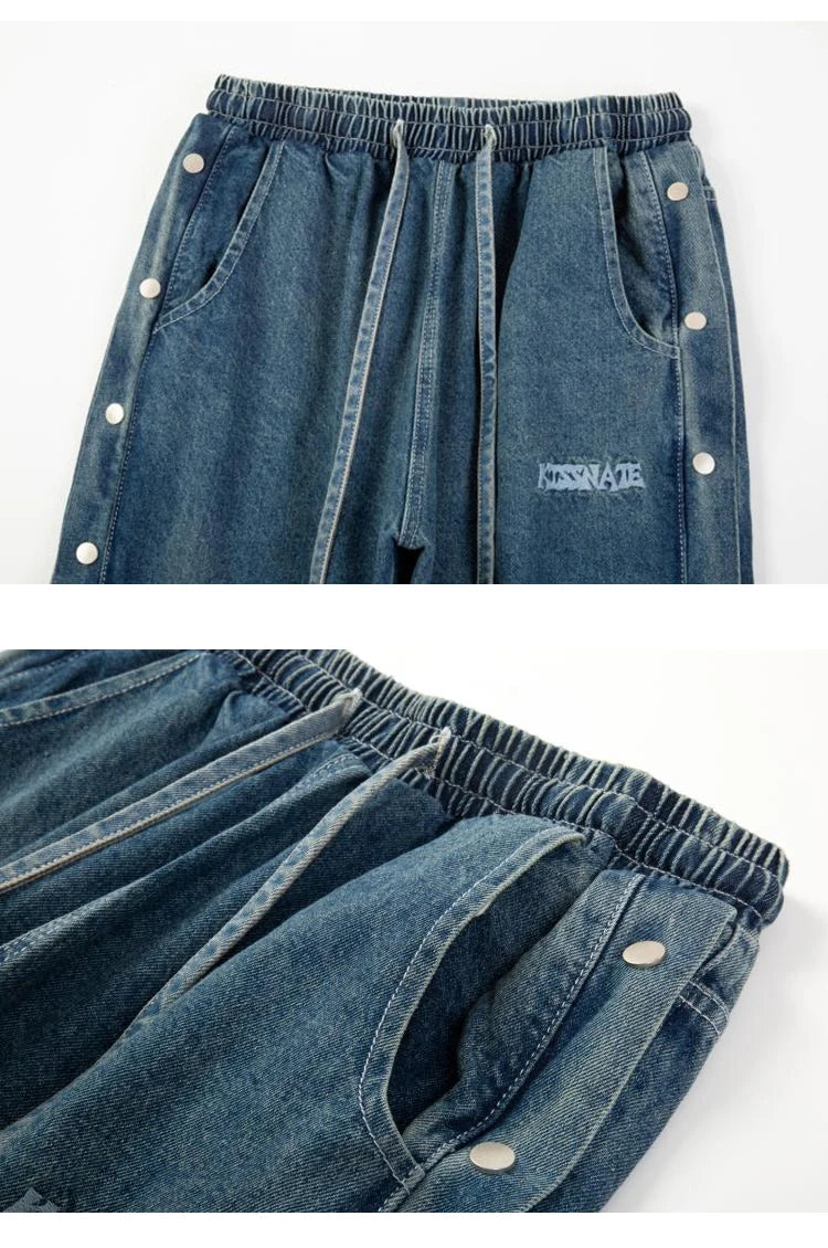 washed distressed denim sweatpant cashew flower patchwork oversized splice buckle jogging jeans casual button baggy men clothing unique joggers style 4370