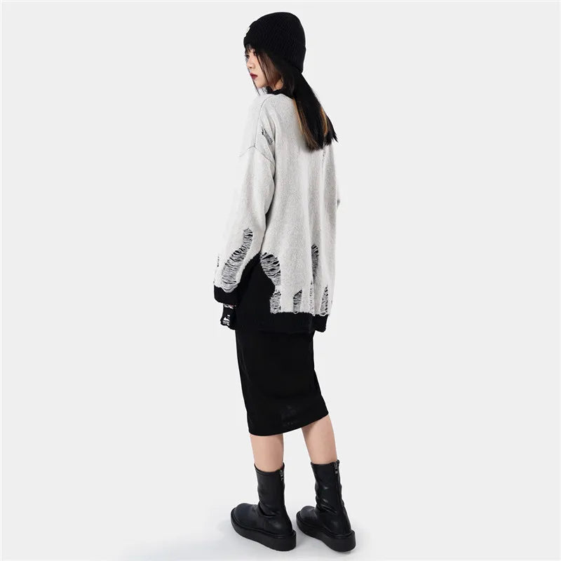 hip hop streetwear knitted sweater sweater 2022 mens harajuku ripped holes new casual v neck tops cotton loose pullover sweaters - vintage look oversized hoodie, high quality cotton hoodie, soft fleece-lined outerwear
