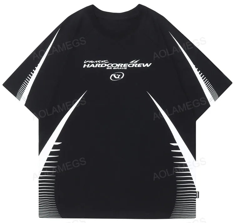 Vaporwave Tribal flame – Streetwear Men Oversized Tshirts Black White Splicing Graphi