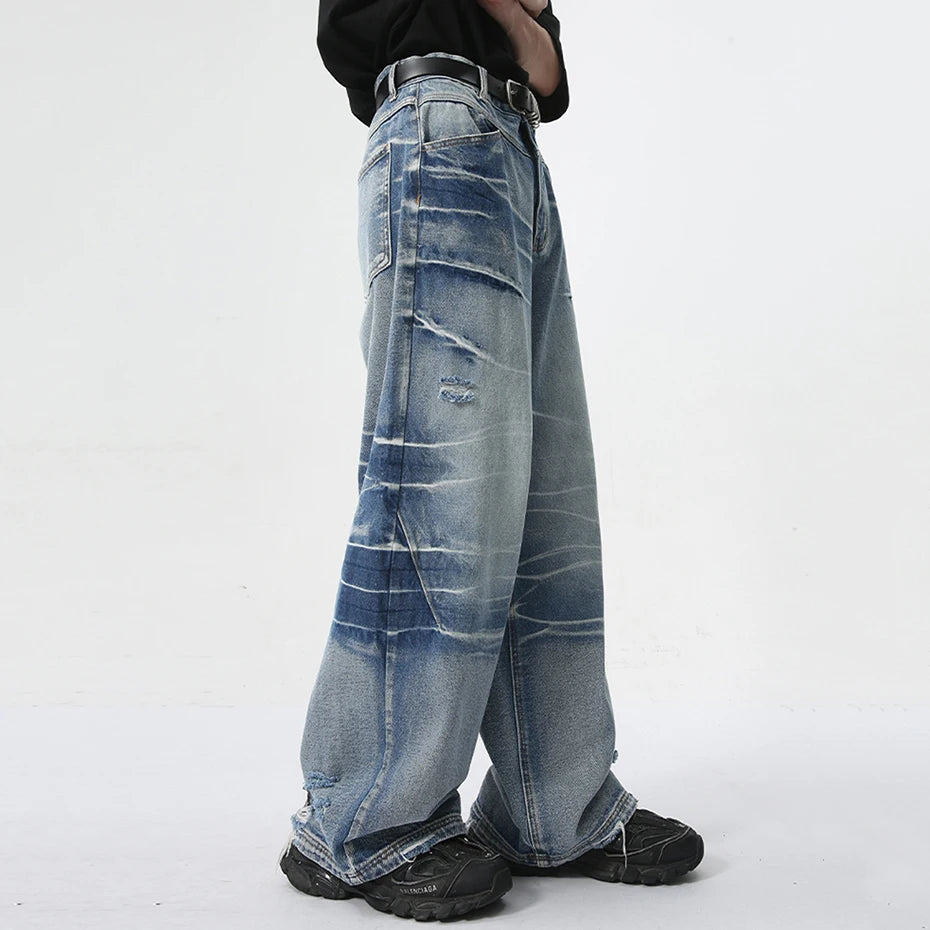 vintage blue baggy jeans man loose straight denim pants harajuku hip hop jeans trousers men stacked flare jeans