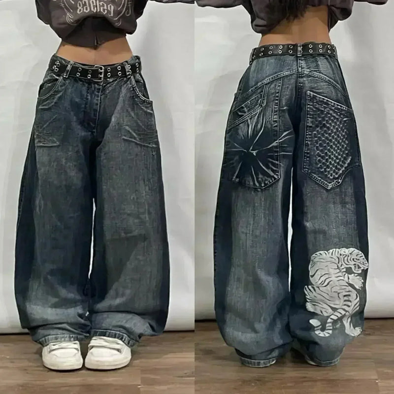 american fashion pattern embroidery loose women street y2k new hip hop punk oversized mopping wide leg pants couple casual jeans unique jeans style 3074