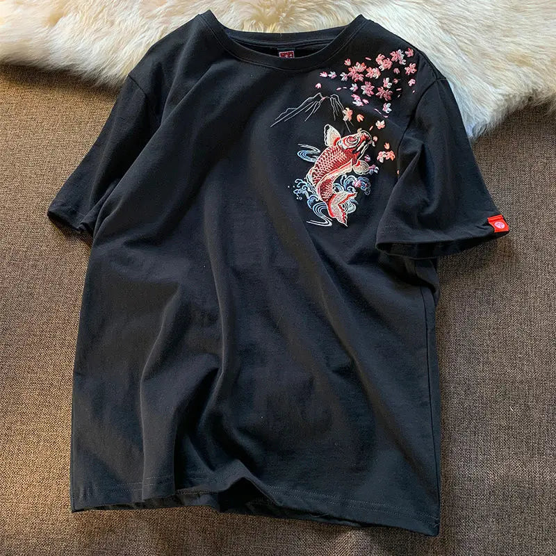 Cyberpunk Graphic Tee – New Summer Aesthetic Vintage Carp Fish Embroidery T Shirts W – Modern Streetwear for Everyone