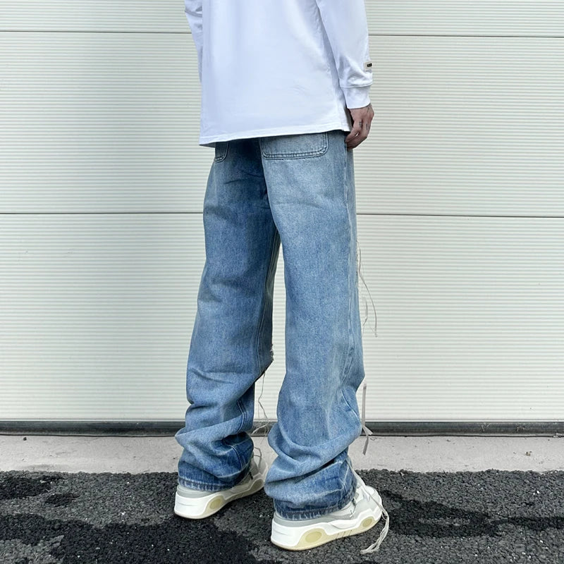 fashion loose streetwear denim jeans new casual wide legs straight jean pants hip hop tassel joggers baggy jeans men clothing unique joggers style 417