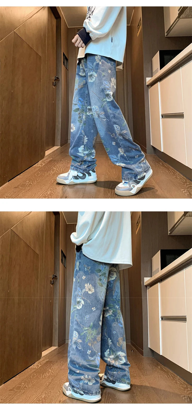 american high street floral printed jeans for men 2024 new y2k vintage denim trousers hip hop fashion wide leg baggy jean pants unique jeans style 424