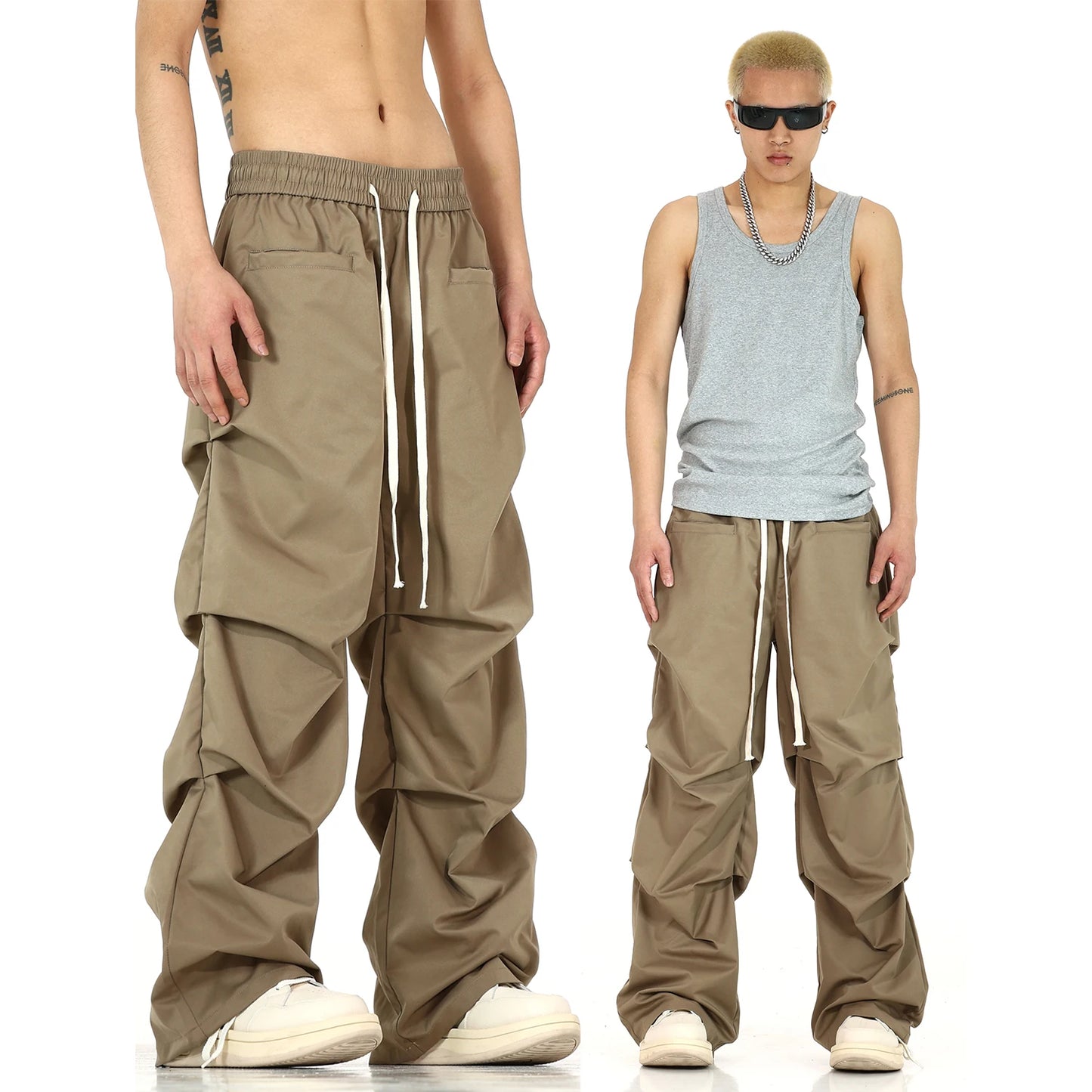 side fold baggy pants men casual elastic waist straight trousers streetwear new fashion drawstring unisex hip hop pants joggers unique joggers style 5116