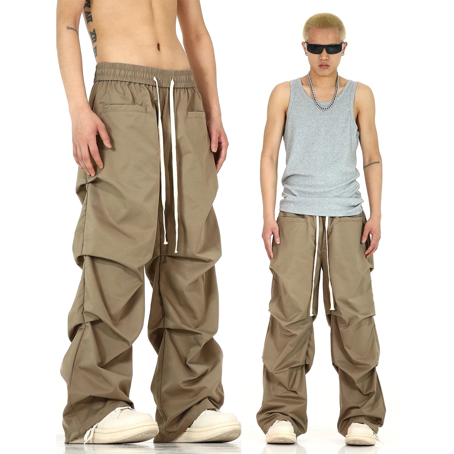 side fold baggy pants men casual elastic waist straight trousers streetwear new fashion drawstring unisex hip hop pants joggers unique joggers style 5116