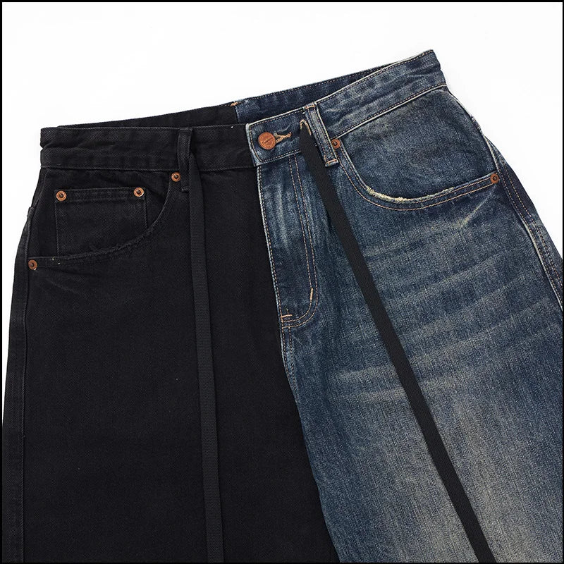 men streetwear fashion black blue splice hip hop loose casual wide leg straight baggy jeans pant cityboy jeans pants trousers urban skinny jeans