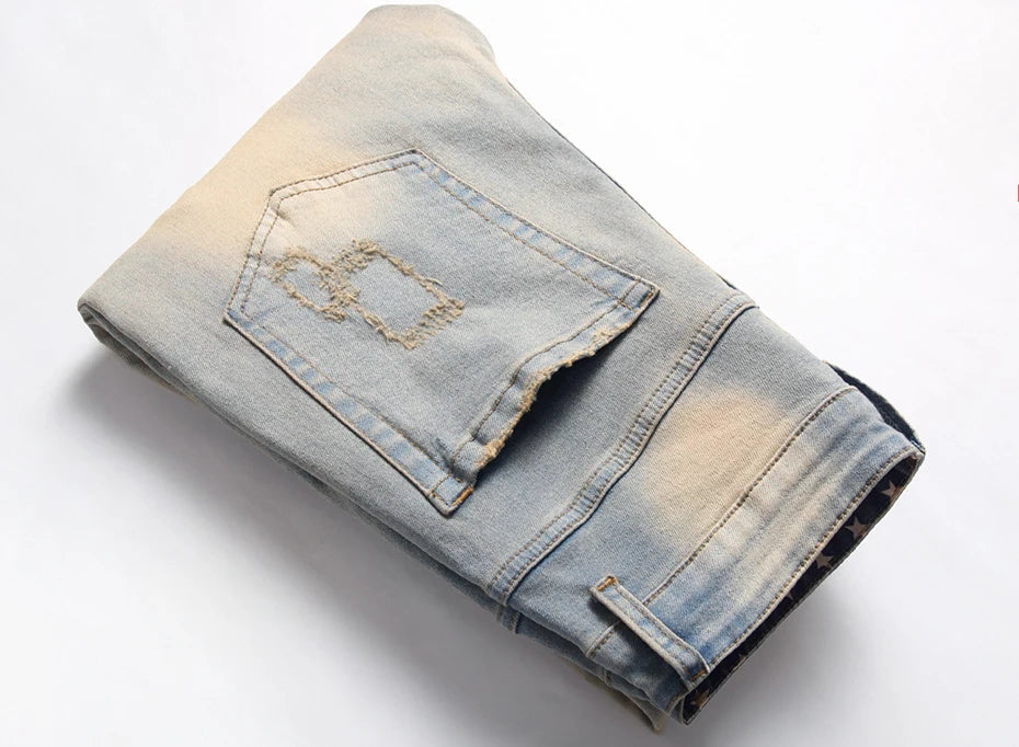 star splicing men jeans vintage blue straight denim pants y2k streetwear man fashion jeans trousers unique jeans style 4614