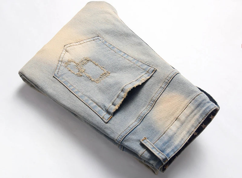 star splicing men jeans vintage blue straight denim pants y2k streetwear man fashion jeans trousers unique jeans style 4614